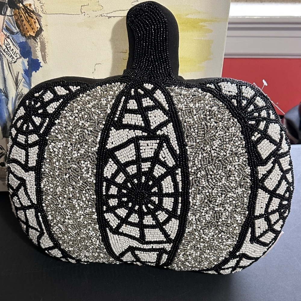 Skull & Bones Halloween beaded black spider accent pillow